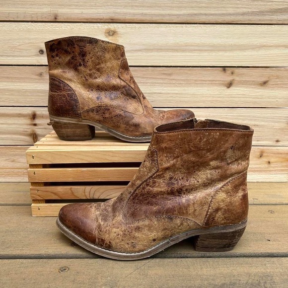 Diba True Shoes - Tan/Brown Diba True Brodie Bootie Ankle Boots w/ Crackled Genuine Leather